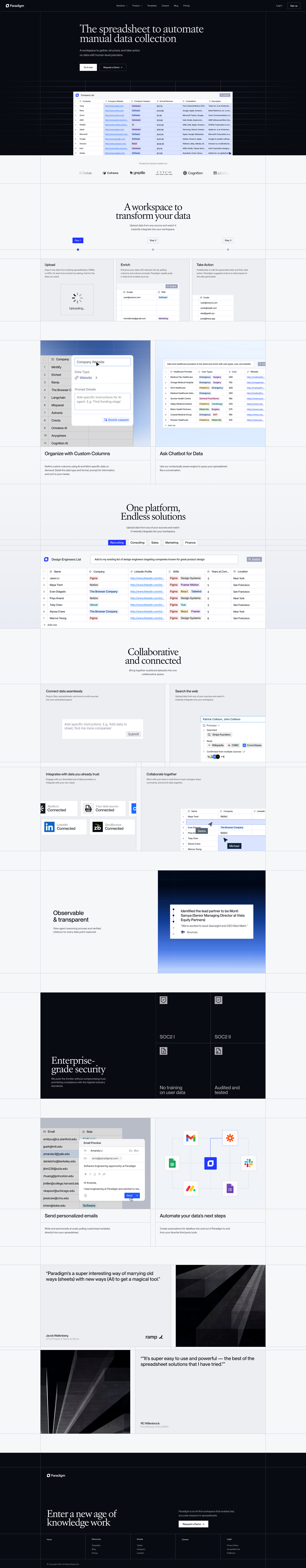 Paradigm Landing Page Example: The AI-powered way to do spreadsheet work. Set up, edit, populate, and analyze sheets with assistant. Enrich empty cells with data from trusted sources.