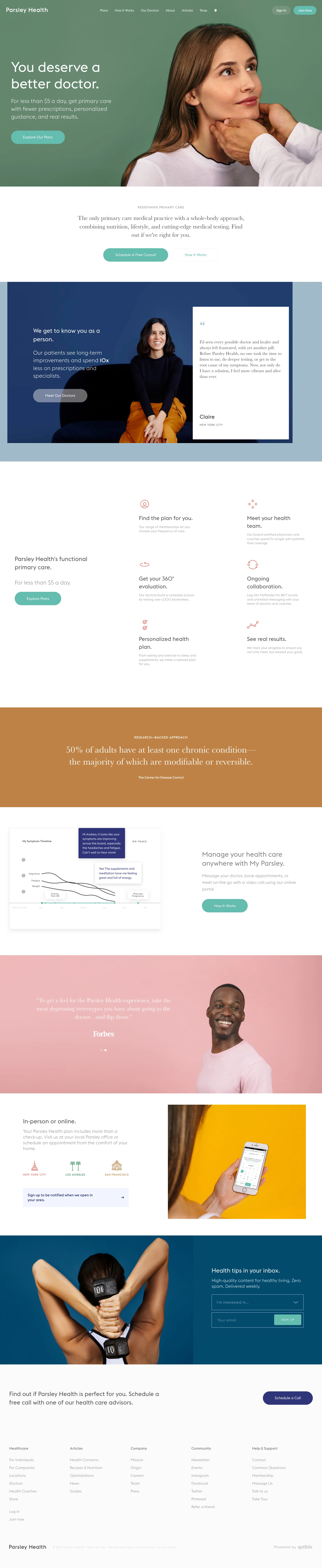 Parsley Health Landing Page Example: At Parsley Health, we offer advanced functional medicine, diagnostic testing, whole body treatments and a lasting relationship designed to address the root cause of many modern ailments.