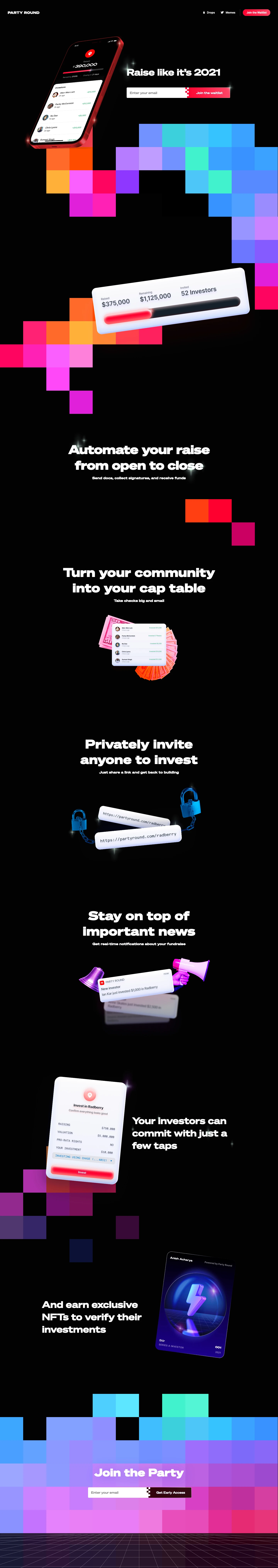 Party Round Landing Page Example: Party Round is an automated fundraising tool for founders. Generate and send docs, collect signatures, and receive funds, automating your raise from open to close.