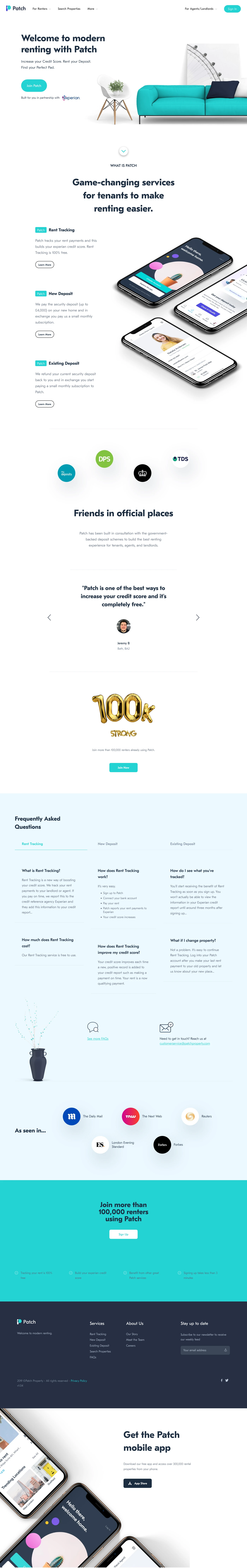 Patch Property Landing Page Example: Increase your Credit Score. Rent your Deposit. Find your Perfect Pad.