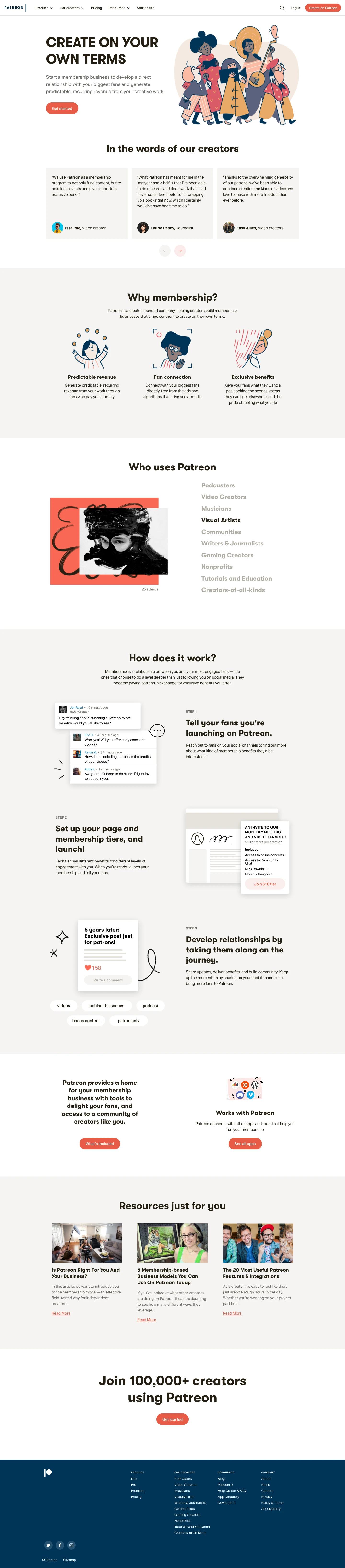Patreon Landing Page Example: Patreon is a membership platform that makes it easy for artists and creators to get paid. Join over 100,000 creators earning salaries from over 2 million monthly patrons.a