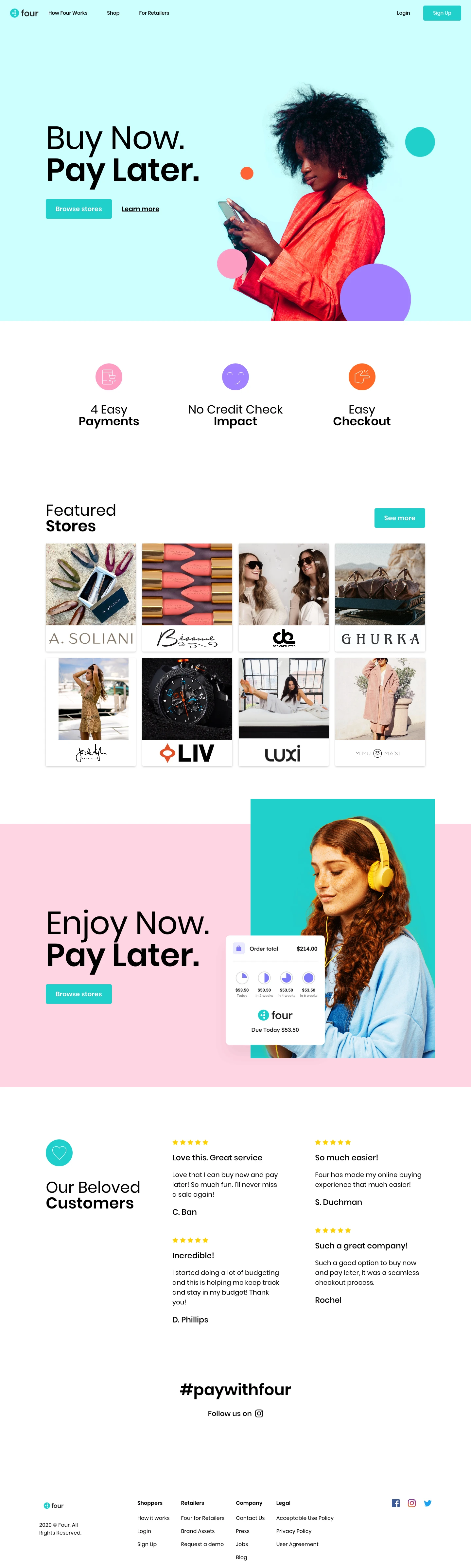 Four Landing Page Example: Buy Now, Pay Later. Allow your shoppers to pay over time while you get paid today, risk free!