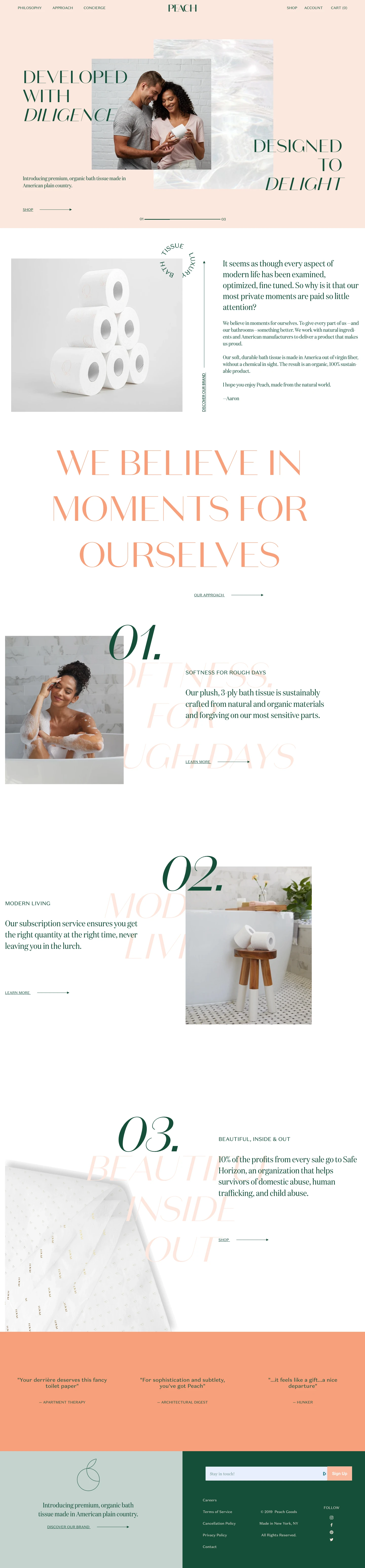 Peach Landing Page Example: Peach Bath Tissue is the most luxurious you will ever feel. Crafted from plush ply, air-finished, 100% sustainable virgin fiber, it's time to indulge yourself.