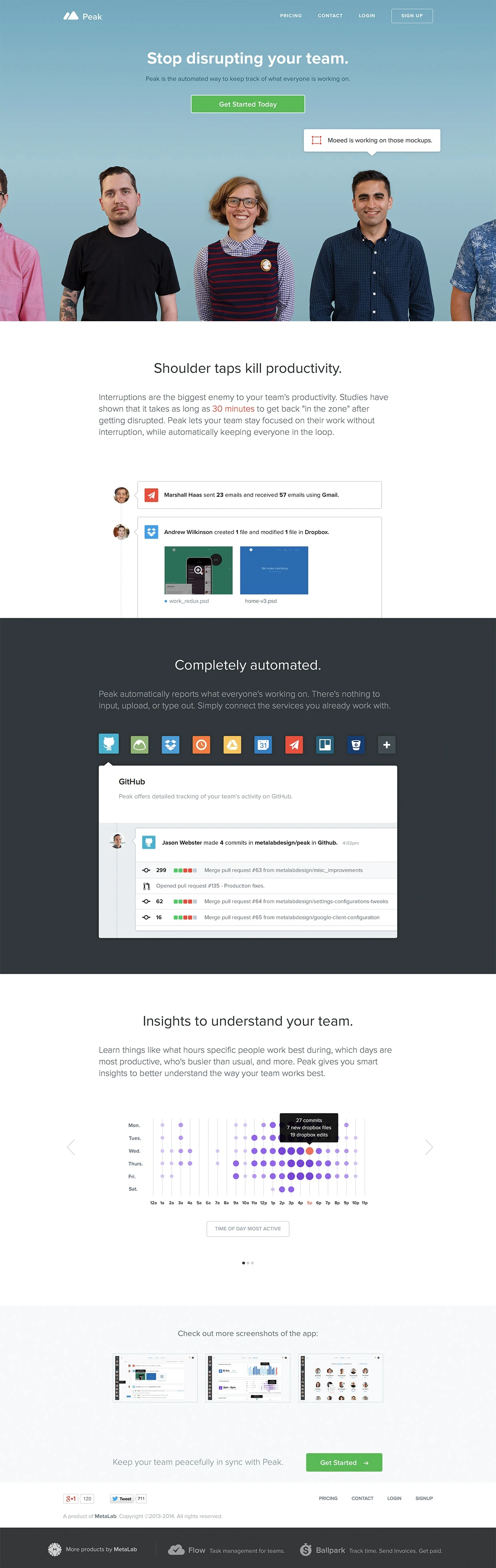 Peak Landing Page Example: Use Peak to be the helpful, supportive manager your busy team needs. The rich data you'll find in Peak can help you improve your team's productivity - with fewer shoulder taps, quicker standups, and an almost super-human ability to anticipate their needs.