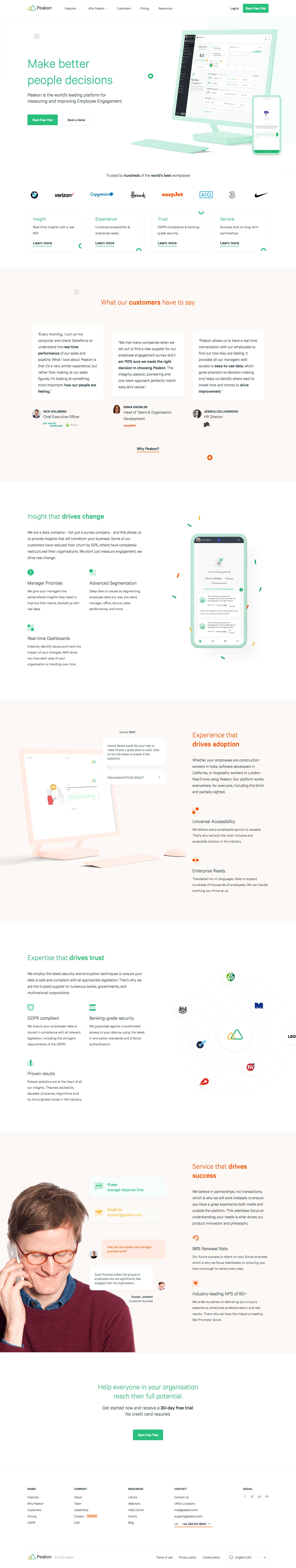 Peakon Landing Page Example: People Analytics & Employee Engagement Software. Make better people decisions. Peakon is the world's leading platform for measuring and improving Employee Engagement.