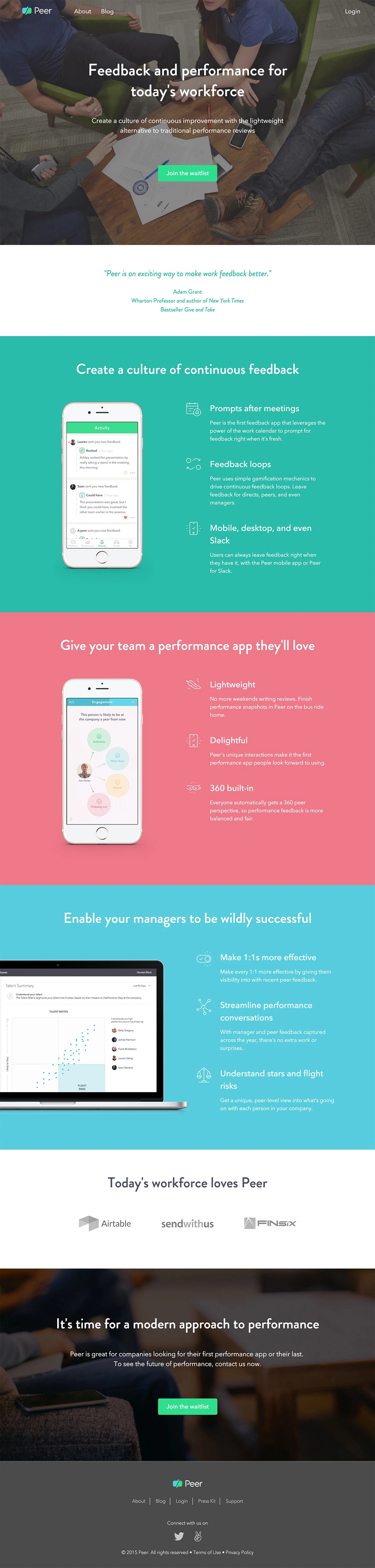 Peer Landing Page Example: Feedback and performance for today's workforce.Create a culture of continuous improvement with the lightweight alternative to traditional performance reviews