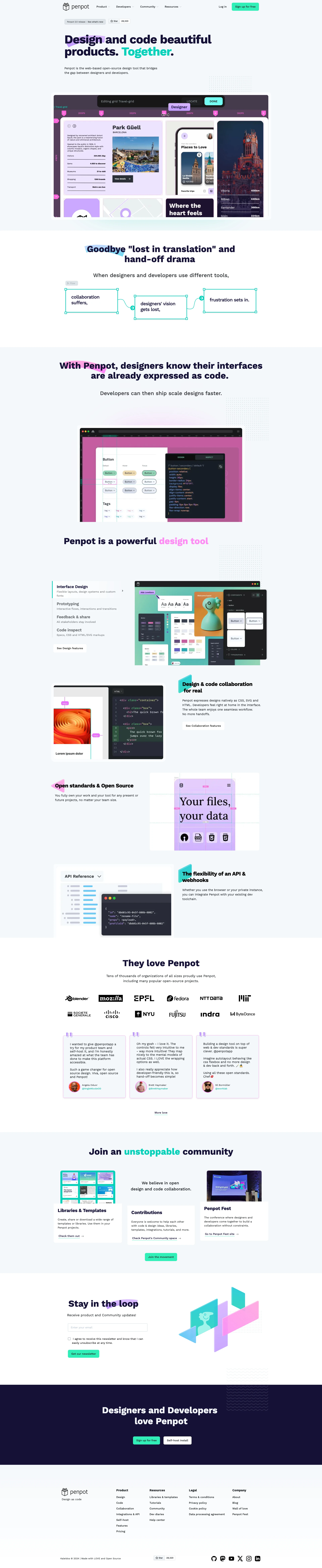 Penpot Landing Page Example: Design and code beautiful products. Together. Penpot is the web-based open-source design tool that bridges the gap between designers and developers.