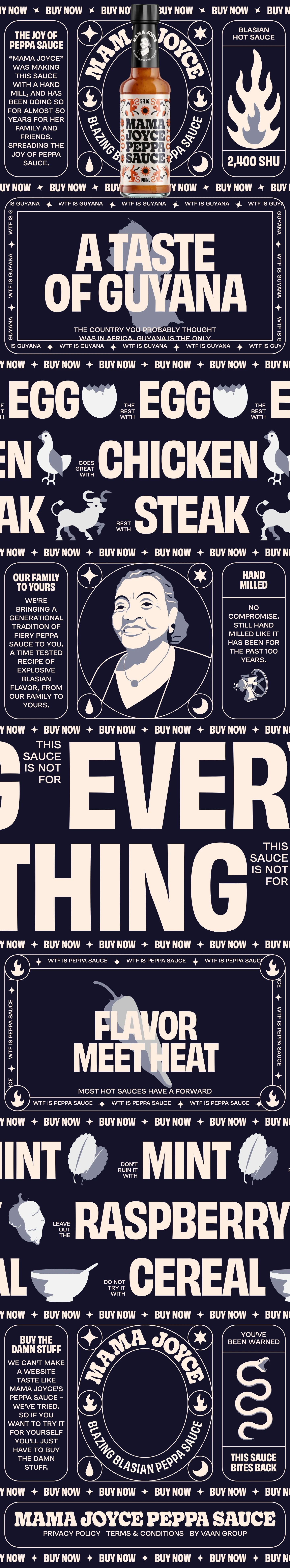 Peppa Sauce Landing Page Example: We're bringing a generational tradition of peppa sauce to you. A time tested recipe of blasian flavour and heat. Buy Mama Joyce Peppa Sauce here!