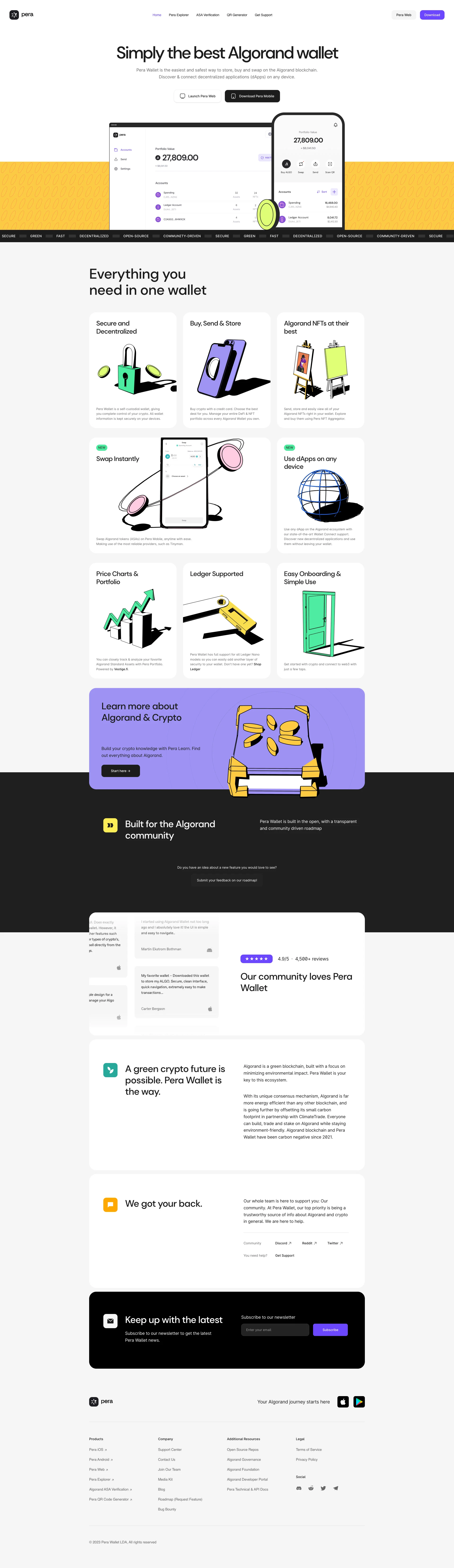 Pera Algo Wallet Landing Page Example: Pera Wallet is the easiest and safest way to store, buy and swap on the Algorand blockchain. Discover & connect decentralized applications (dApps) on any device.