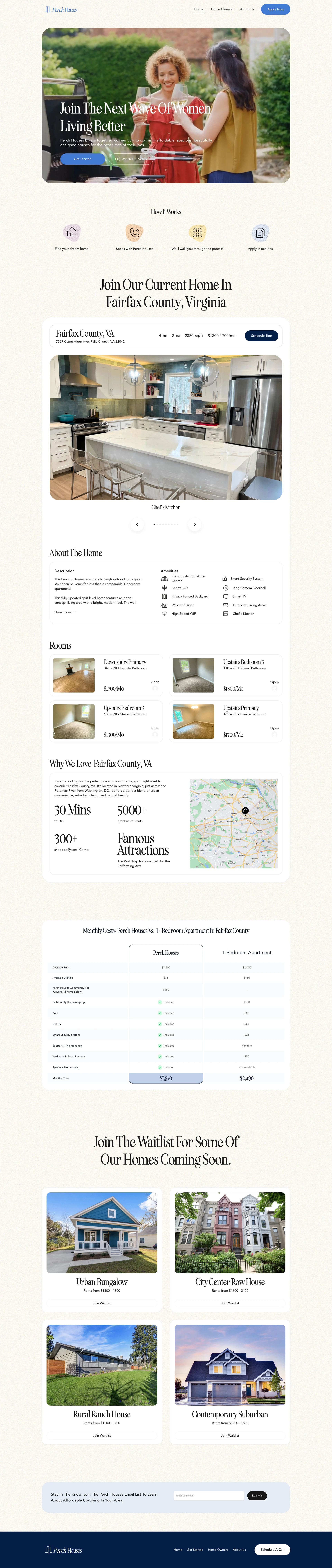 Perch Houses Landing Page Example: Perch Houses brings together women 55+ to co-live in affordable, spacious, beautifully designed houses for the best times of their lives.