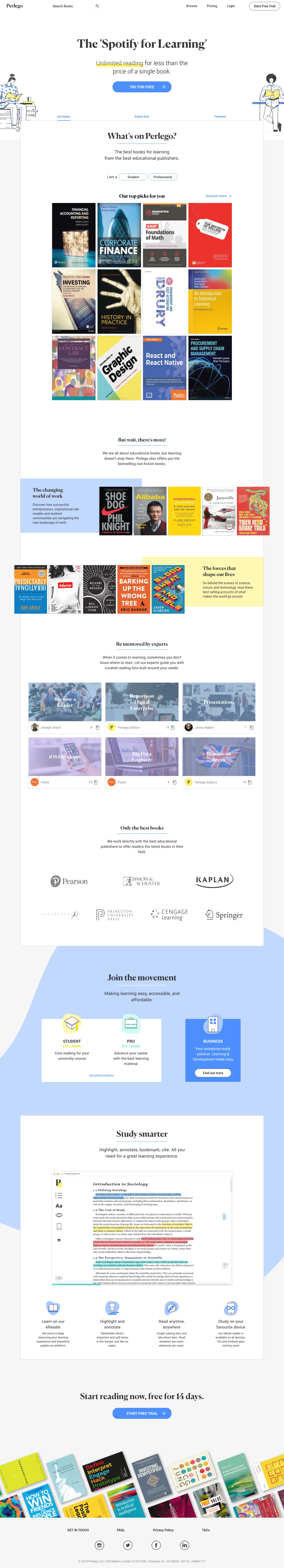 Perlego Landing Page Example: The 'Spotify for Learning'. Unlimited reading for less than the price of a single book.