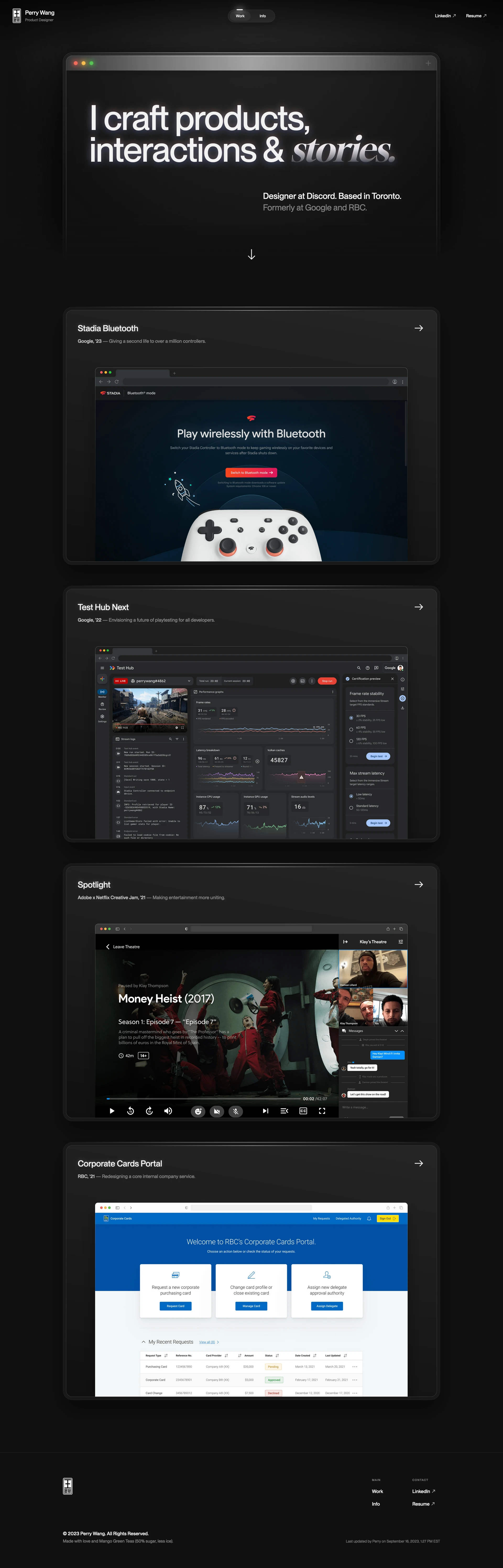 Perry Wang Landing Page Example: I craft products, interactions & stories. Designer at Discord and based in Toronto. Formerly at Google and RBC.