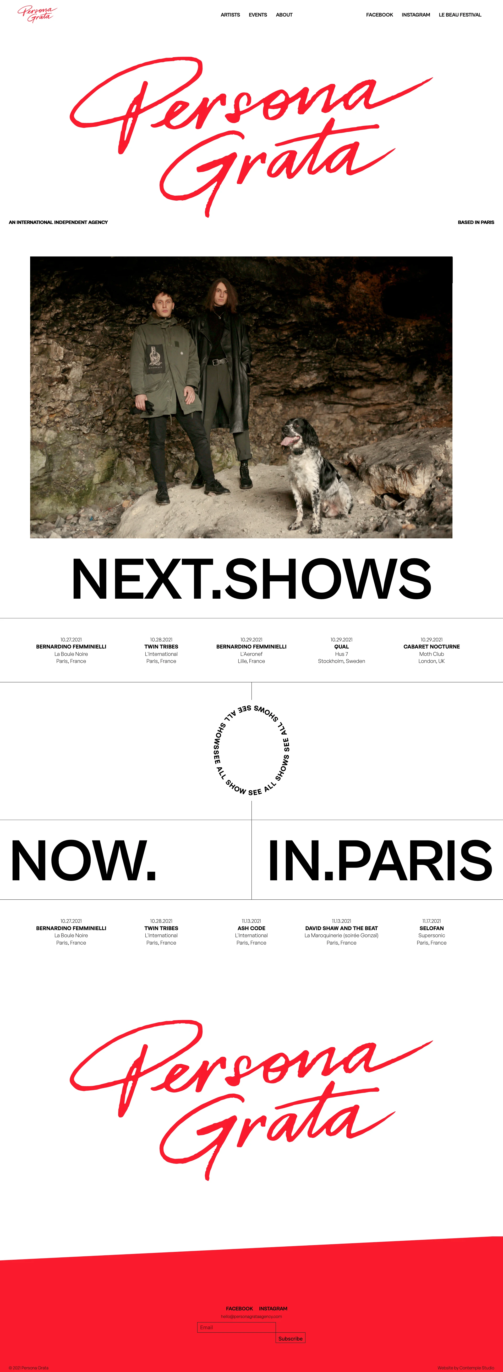 Persona Grata Landing Page Example: The booking agency Persona Grata has been created to reaffirm our priority to put the artists and our partners (festivals, curators, brands, ..) in the center of our activity.