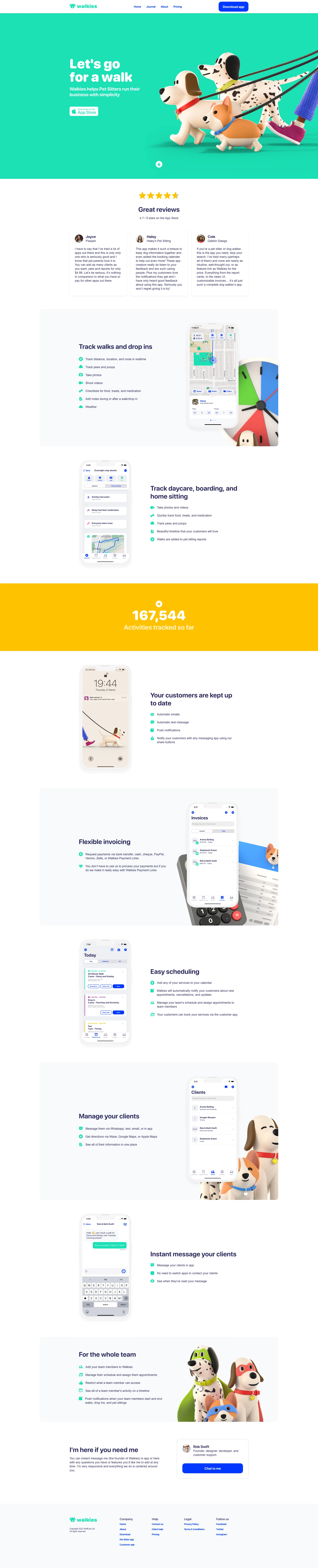 Walkies Landing Page Example: Let's go for a walk. Walkies helps Pet Sitters run their business with simplicity.