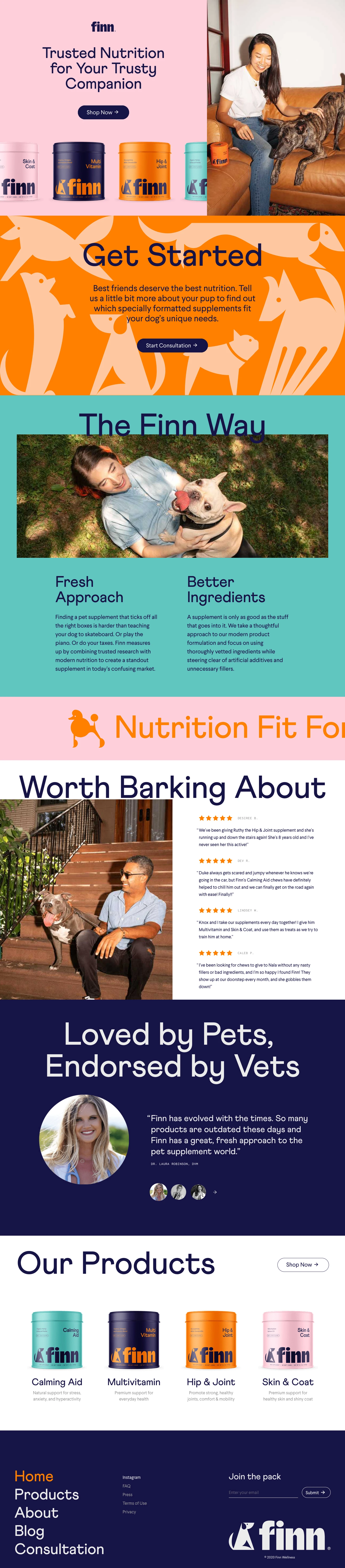 Finn Landing Page Example: Trusted nutrition for your trusty companion. Finn formulates premium pet supplements that combine trusted research and modern wellness.