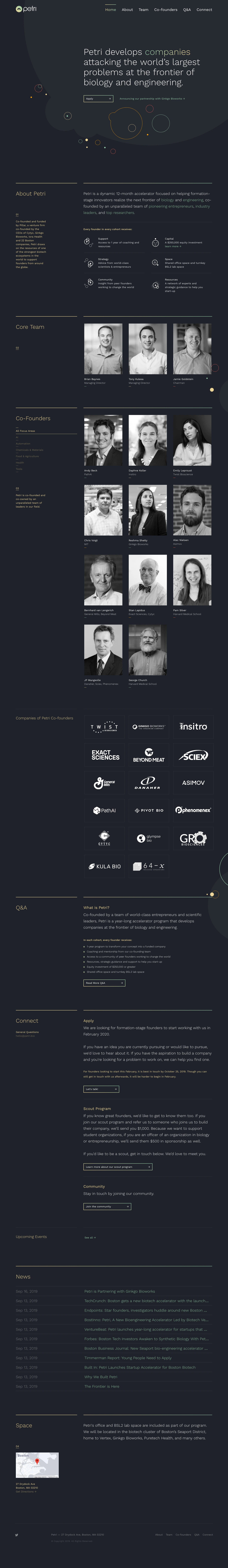 Petri Landing Page Example: Petri develops companies attacking the world’s largest problems at the frontier of biology and engineering.