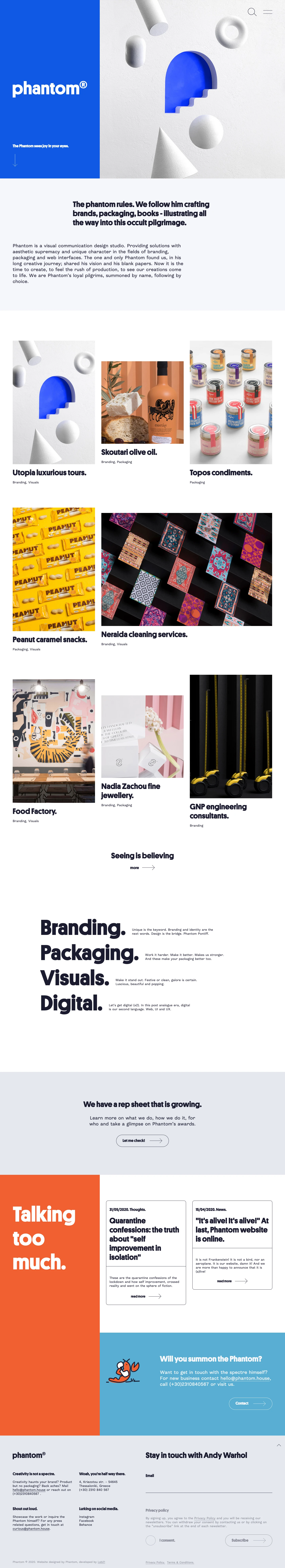 Phantom Landing Page Example: Phantom is a visual communication design studio, providing solutions in the fields of branding, packaging and web interfaces.