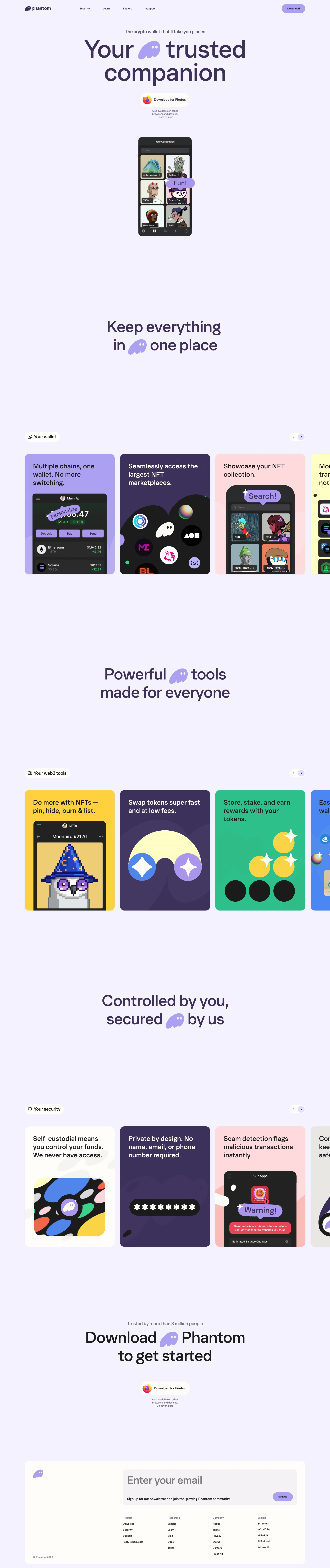 Phantom Landing Page Example: Your trusted companion for NFTs & DeFi on Solana, Ethereum, & Polygon.