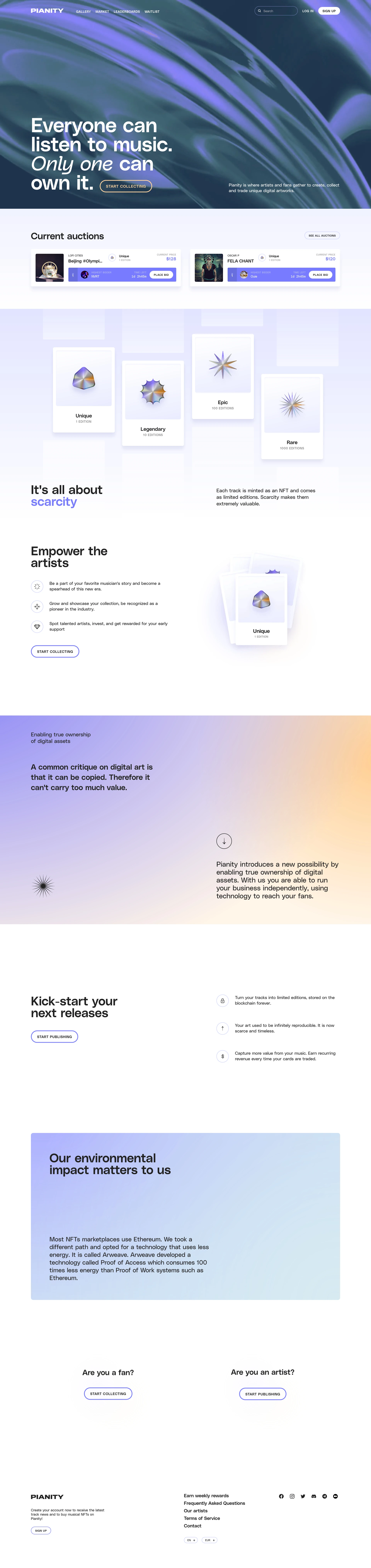 Pianity Landing Page Example: We provide a new way for artists to express their art and connect with their fans. It is time to bring vitality and innovation into the music industry.