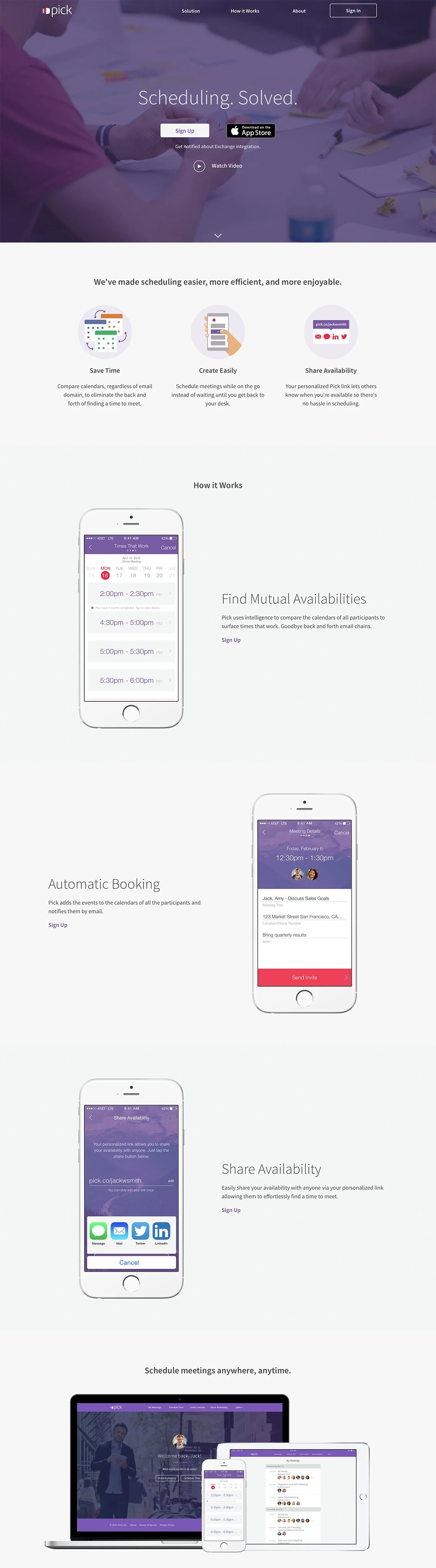 Pick Landing Page Example: Pick takes the back and forth out of finding a time to meet by comparing calendars, regardless of email domain, and displaying mutual availability & scheduling.