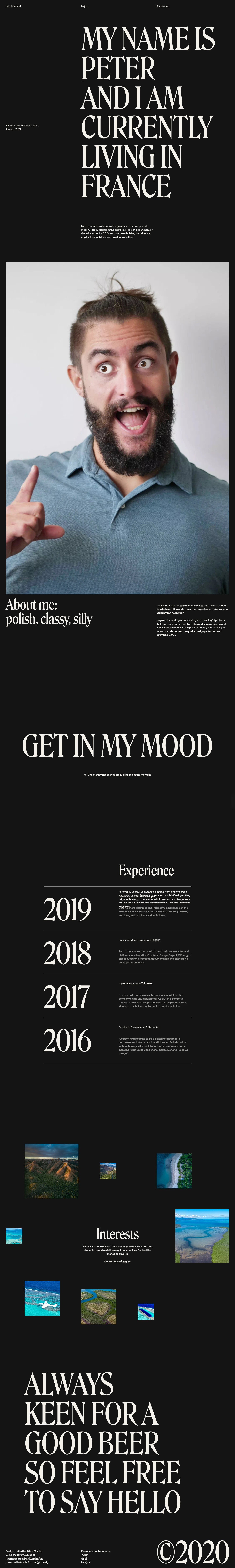 Peter Demulsant Landing Page Example: Portfolio of Peter Demulsant freelance interactive developer. Specialised in front-end, interactivity and motion.