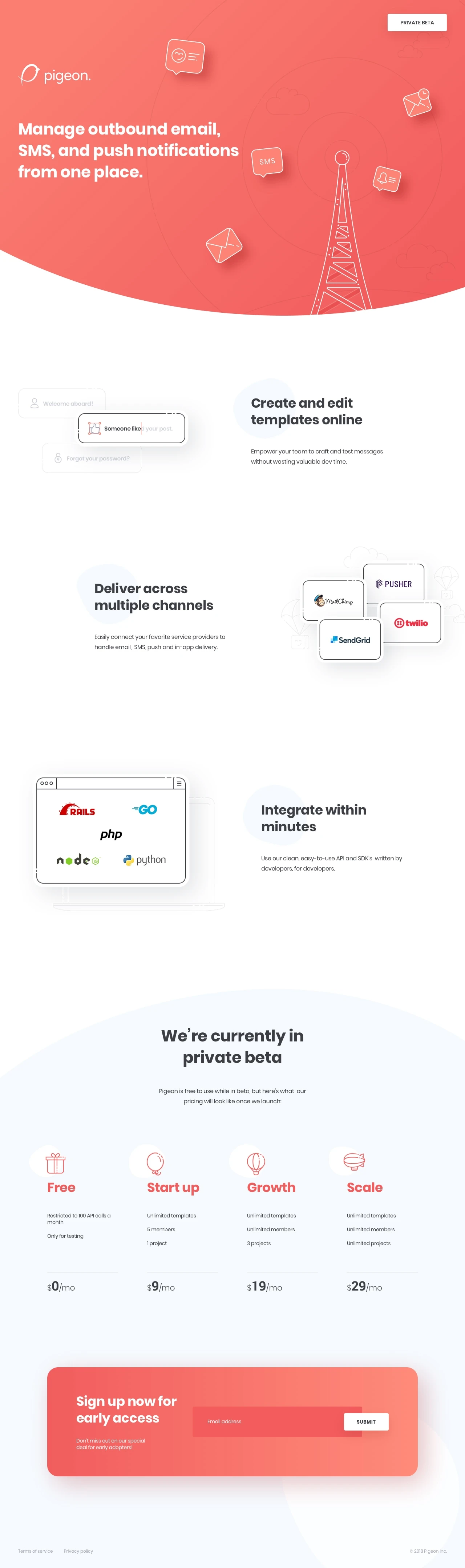 Pigeon Landing Page Example: Manage outbound email, SMS, and push notifications from one place.