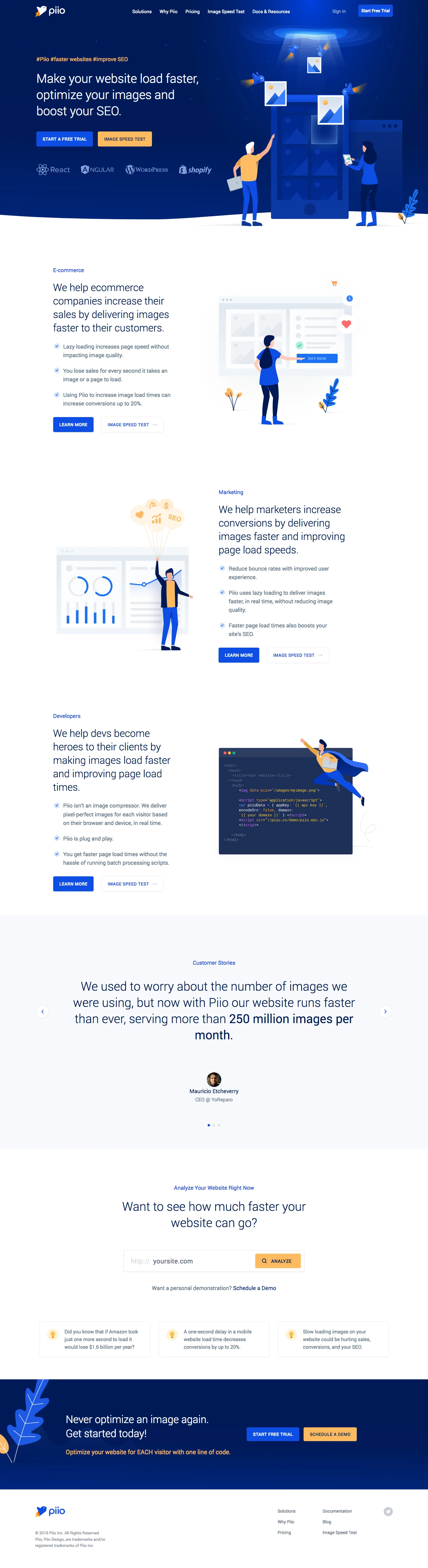 Piio Landing Page Example: We help your webpage load faster by optimizing your images in real time and deliver them to your visitors at maximum speed.