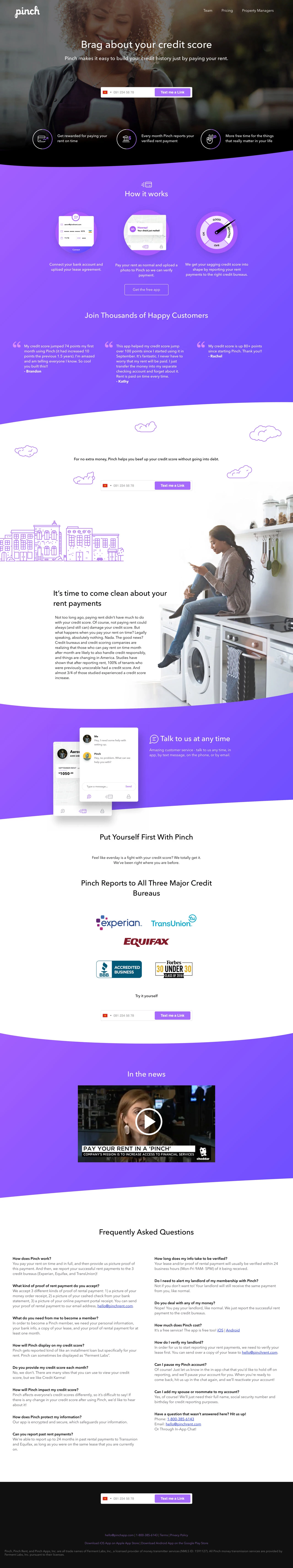 Pinch Landing Page Example: Pinch makes it easy to build your credit history just by paying your rent.