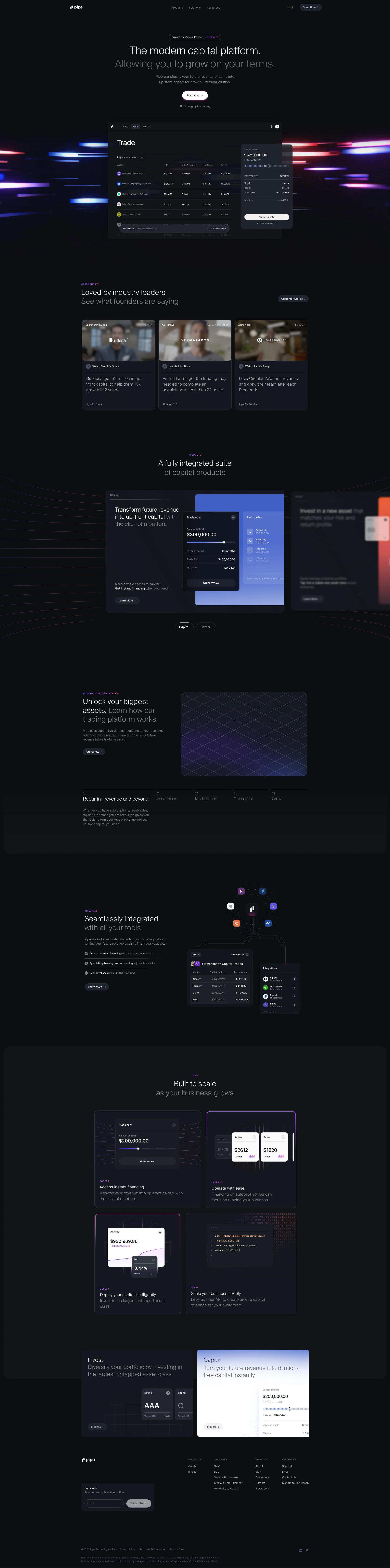 Pipe Landing Page Example: Grow on your terms with fast, flexible financing. Pipe transforms recurring revenue into up-front capital for growth without dilution or restrictive debt.