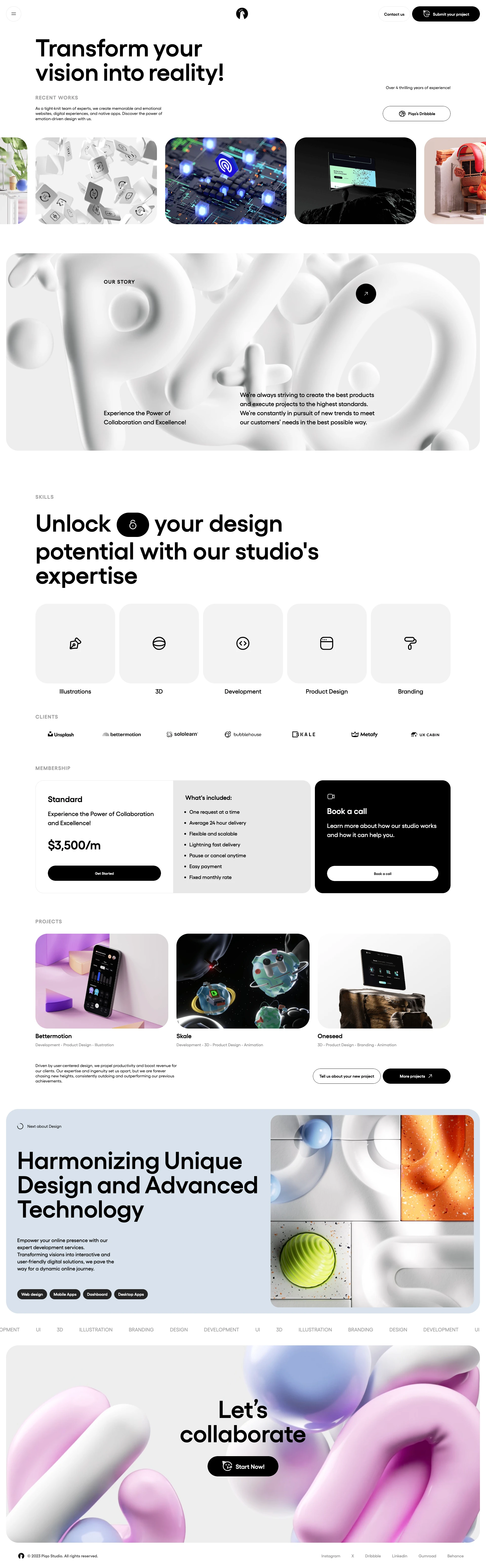Piqo Studio Landing Page Example: Transform your vision into reality. We create memorable and emotional websites, digital experiences, and native apps.