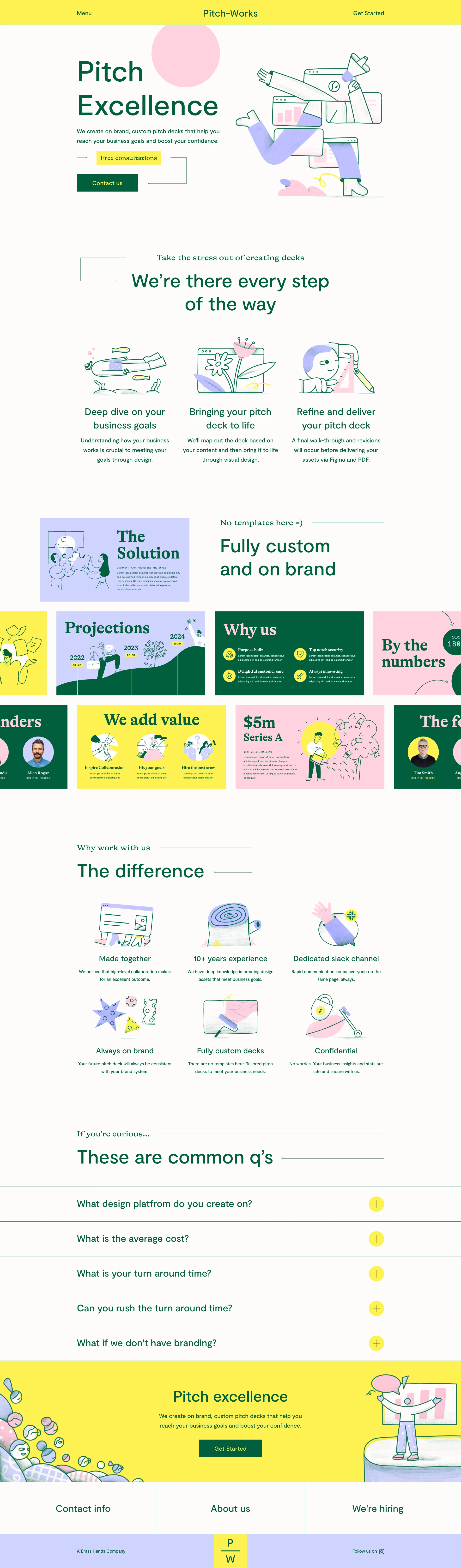 Pitch-Works Landing Page Example: We create on brand, custom pitch decks that help you reach your business goals and boost your confidence.