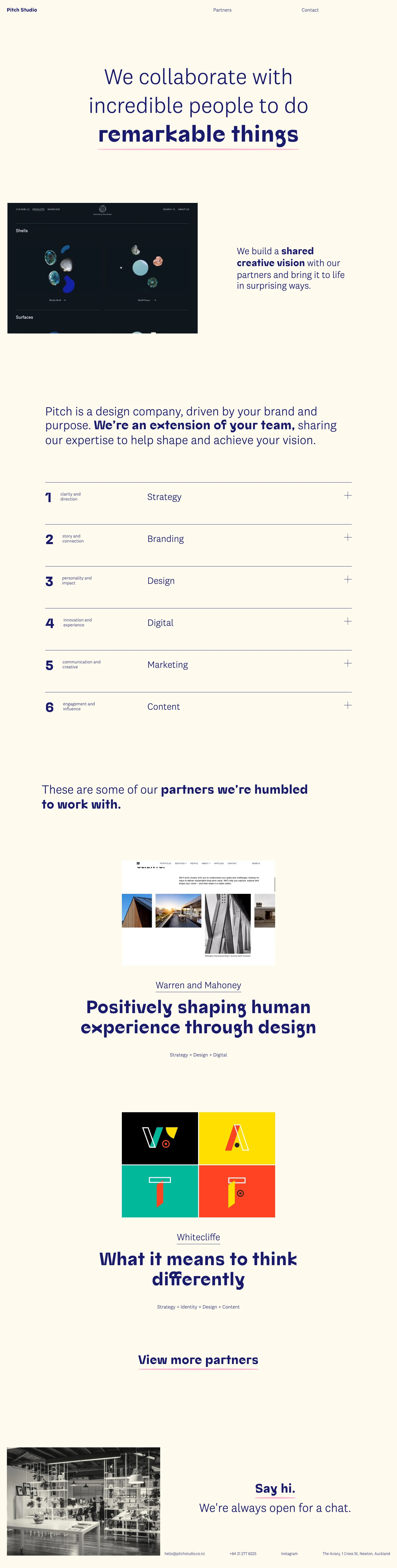 Pitch Studio Landing Page Example: We collaborate with incredible people to do remarkable things. Pitch is a design company, driven by your brand and purpose. We’re an extension of your team, sharing our expertise to help shape and achieve your vision.