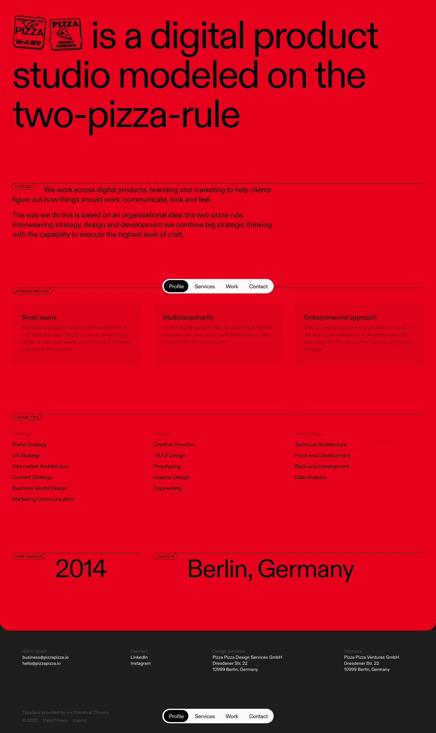 Pizza Pizza Landing Page Example: Pizza Pizza is a digital product studio modeled on the two-pizza-rule, based in Berlin. We offer digital product design, branding, marketing and development services.