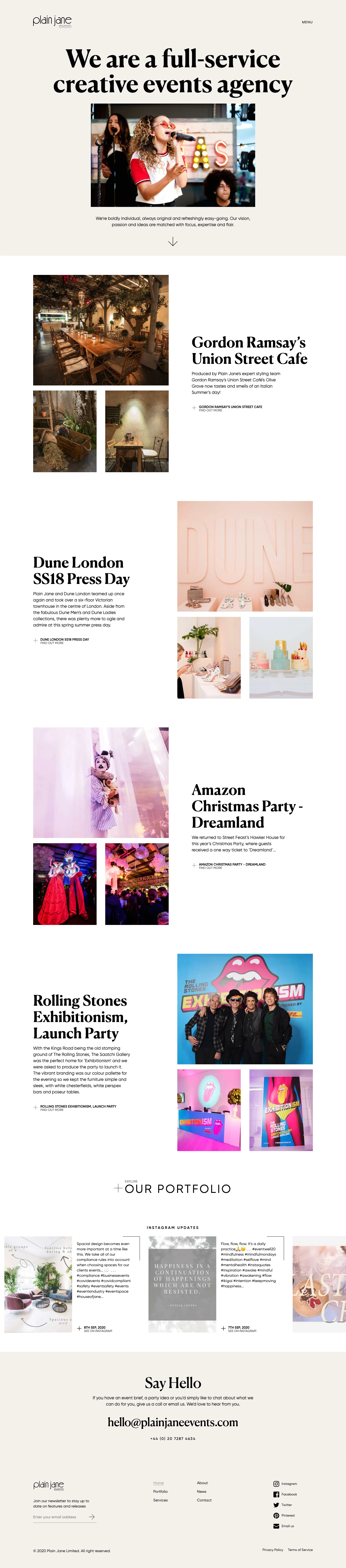 Plain Jane Events Landing Page Example: We’re boldly individual, always original and refreshingly easy-going. Our vision, passion and ideas are matched with focus, expertise and flair.