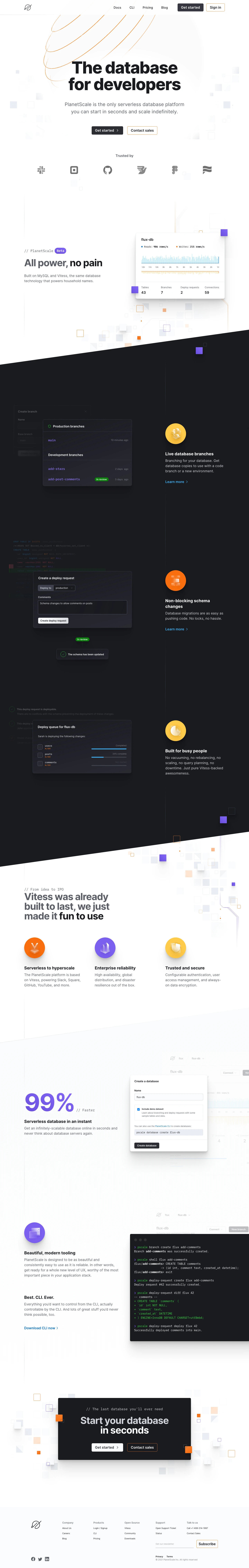 PlanetScale Landing Page Example: The database for developers. PlanetScale is the only serverless database platform you can start in seconds and scale indefinitely.