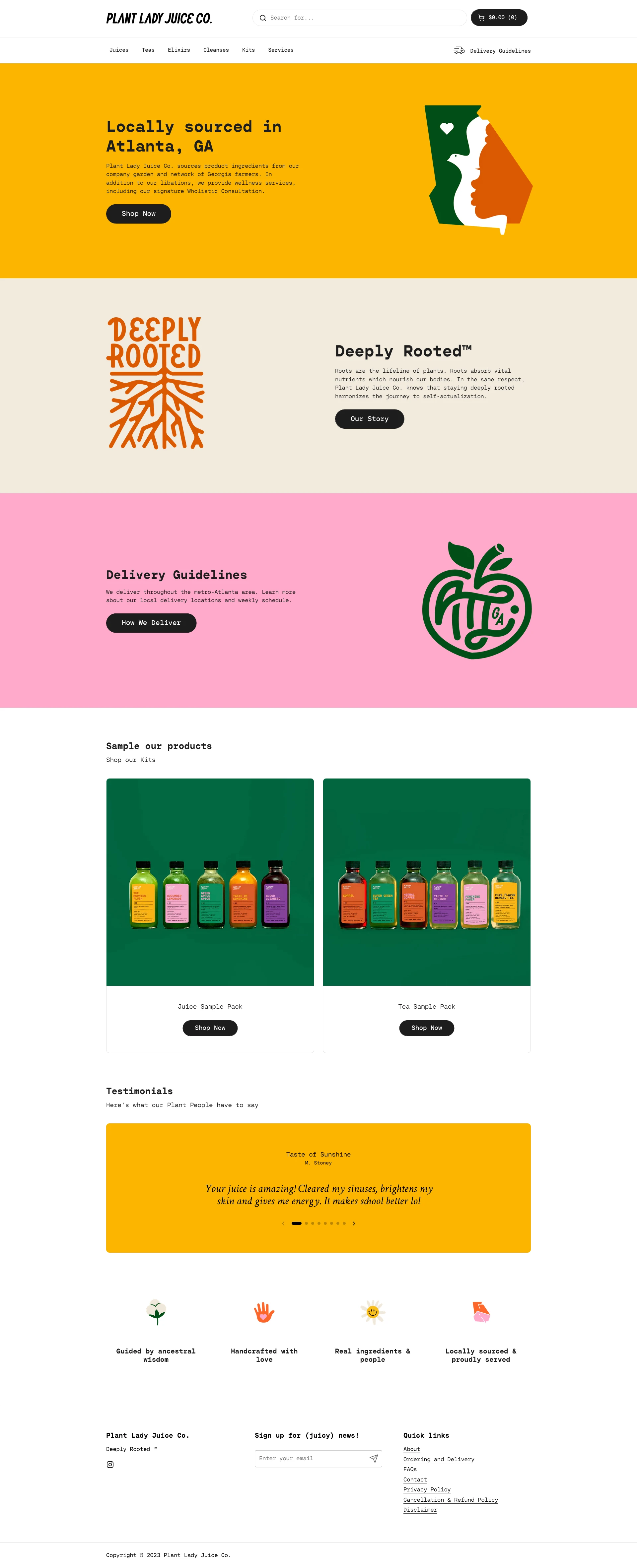 Plant Lady Juice Co Landing Page Example: Plant Lady Juice Co. sources product ingredients from our company garden and network of Georgia farmers. In addition to our libations, we provide wellness services, including our signature Wholistic Consultation.