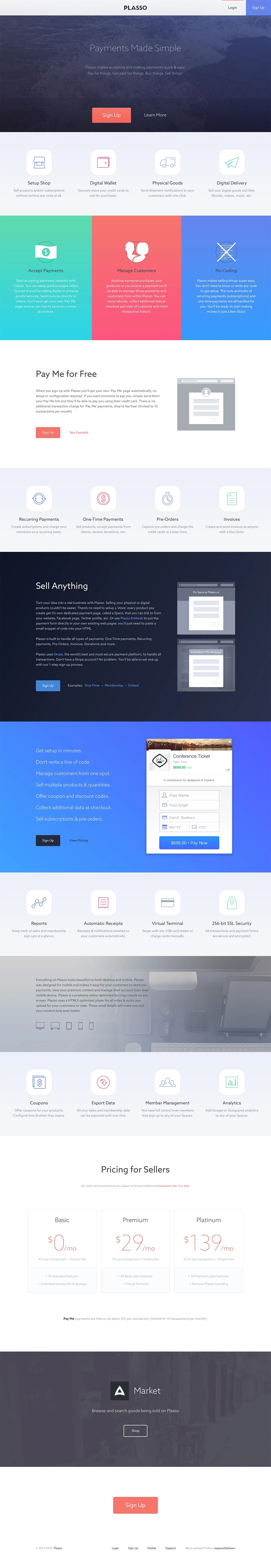 Plasso Landing Page Example: Plasso makes accepting and making payments quick & easy. Pay for things. Get paid for things. Buy things. Sell things.
