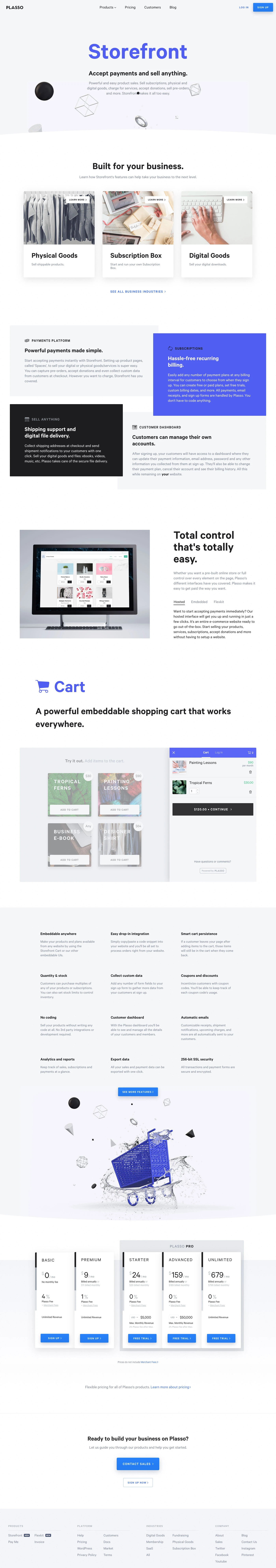 Plasso Storefront Landing Page Example: Powerful and easy product sales. Sell subscriptions, physical and digital goods, charge for services, accept donations, sell pre-orders and more. Storefront makes it all too easy.