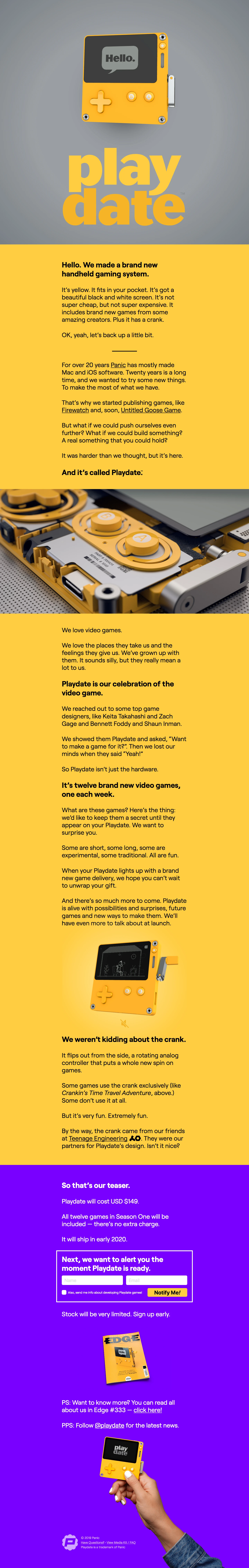 Playdate Landing Page Example: It’s yellow. It fits in your pocket. It’s got a beautiful black and white screen. Playdate from Panic is coming soon.