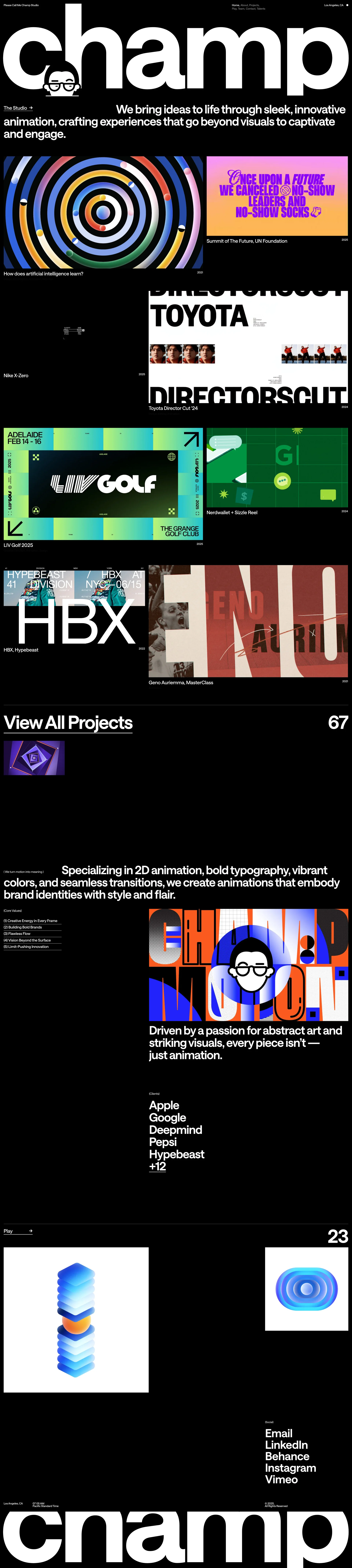 Please Call Me Champ Landing Page Example: At Champ Studio Inc., the art of motion meets the precision of design. We bring ideas to life through sleek, innovative animation, crafting experiences that go beyond visuals to captivate and engage.