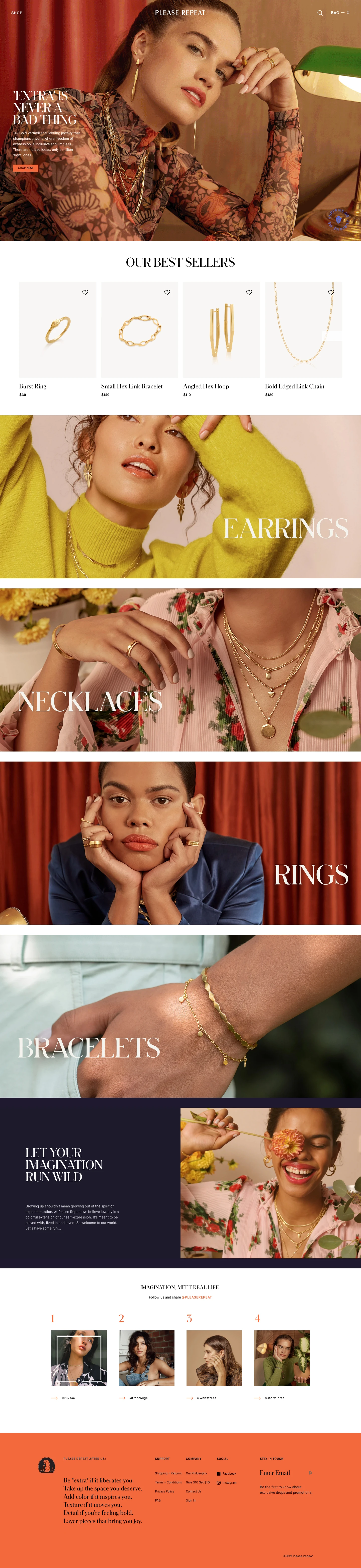 Please Repeat Landing Page Example: Please Repeat is your new go to jewelry destination for 14k gold vermeil and sterling silver jewelry – earrings, chains, necklaces, pendants, and rings. Please Repeat jewelry makes an impact with signature muted-gold finish, strong, dimensional linework, bold shapes, versatility, personalization and engraving.