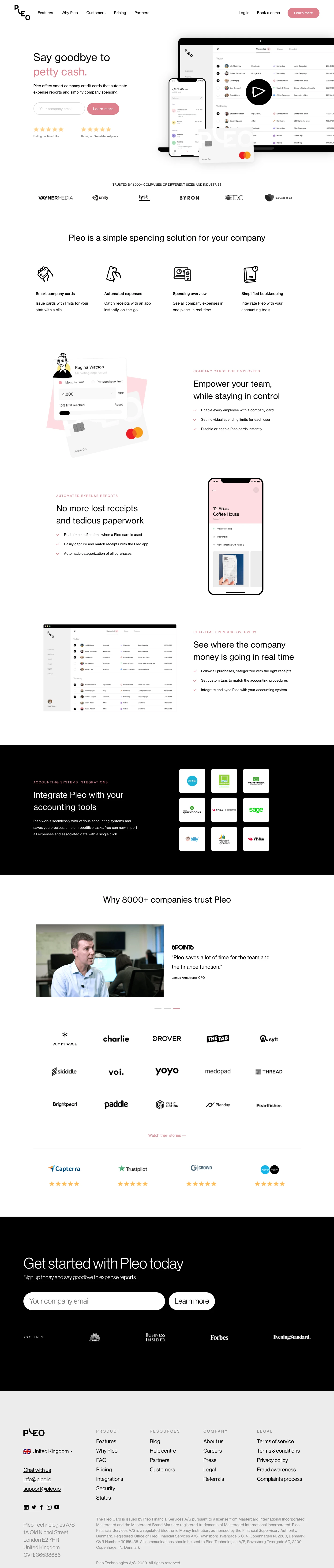 Pleo Landing Page Example: Smart credit cards for your business. Pleo offers smart company credit cards that automate expense reports and simplify company spending.
