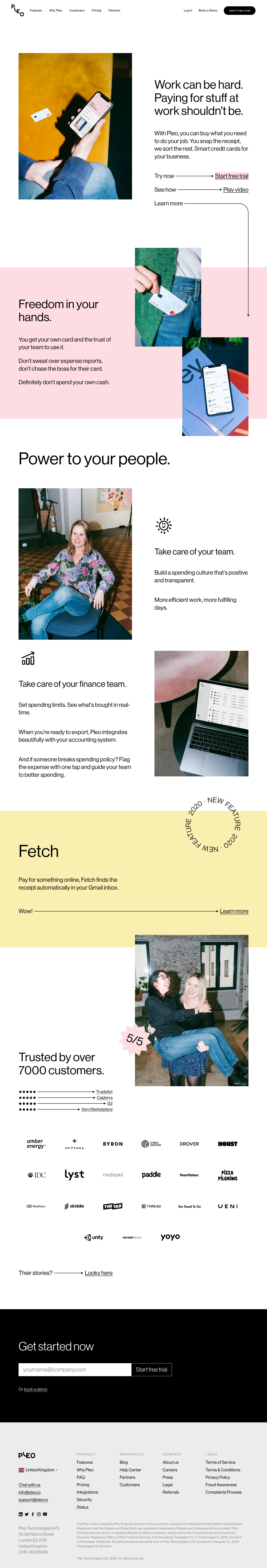 Pleo Landing Page Example: Work can be hard. Paying for stuff at work shouldn't be. With Pleo, you can buy what you need to do your job. You snap the receipt, we sort the rest. Smart credit cards for your business.