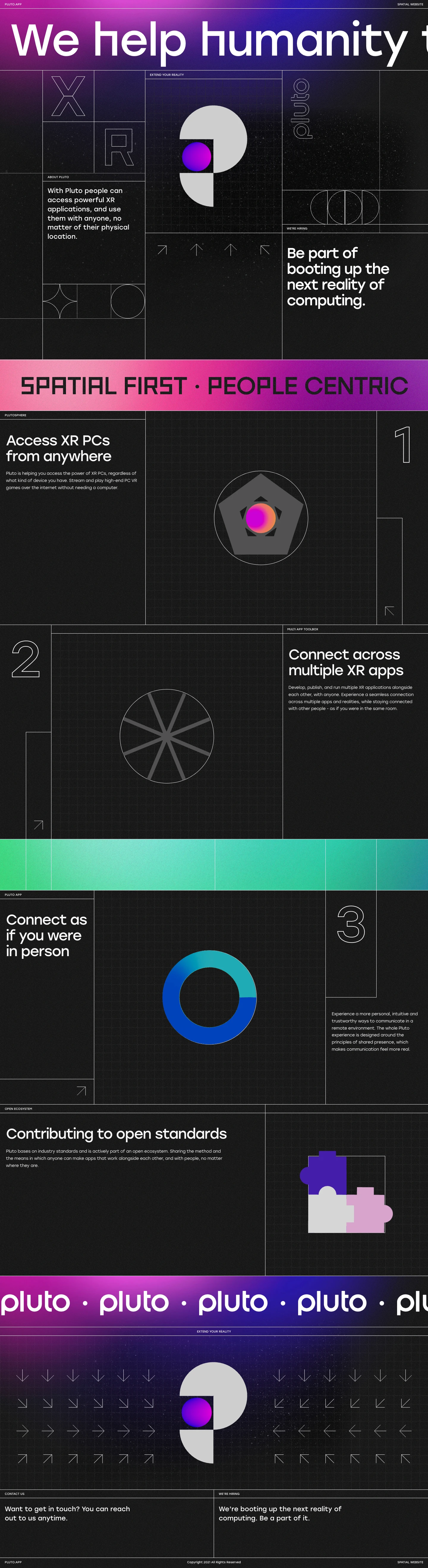 Pluto Landing Page Example: With Pluto people can access powerful XR applications, and use them with anyone, no matter of their physical location.