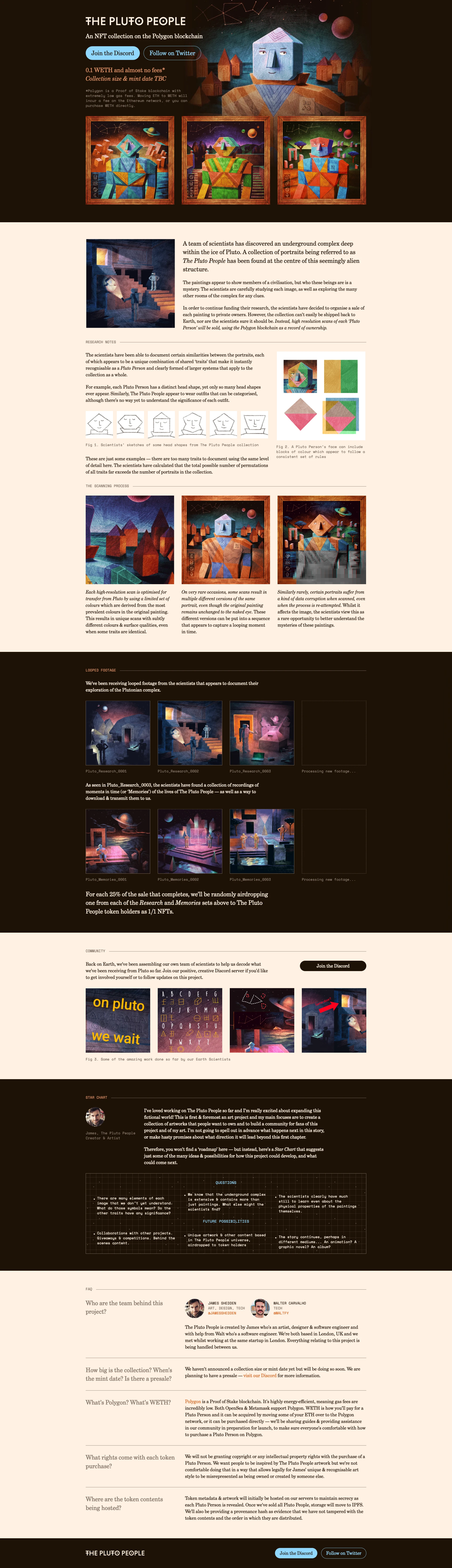 The Pluto People Landing Page Example: A mysterious collection of portraits found on Pluto, for sale on the Polygon blockchain.