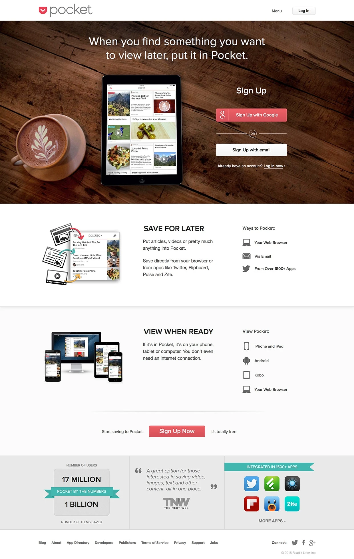 Pocket Landing Page Example: When you find something you want to view later, put it in Pocket.