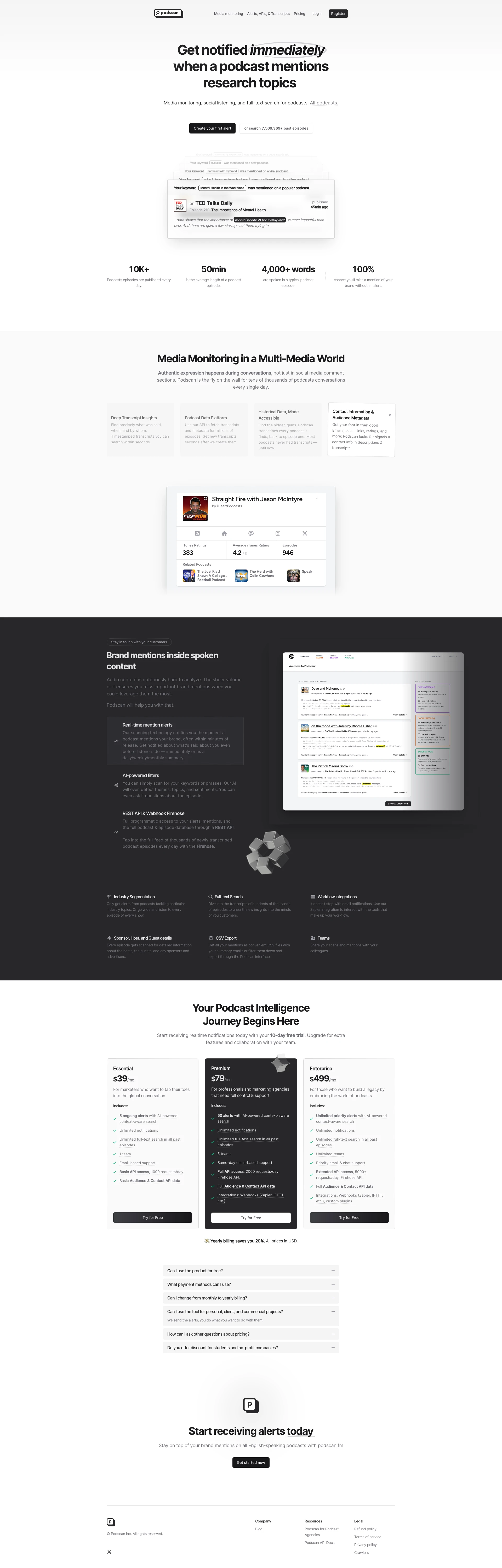 Podscan.fm Landing Page Example: Get notified immediately when a podcast mentions your product. Media monitoring, social listening, and full-text search for podcasts.