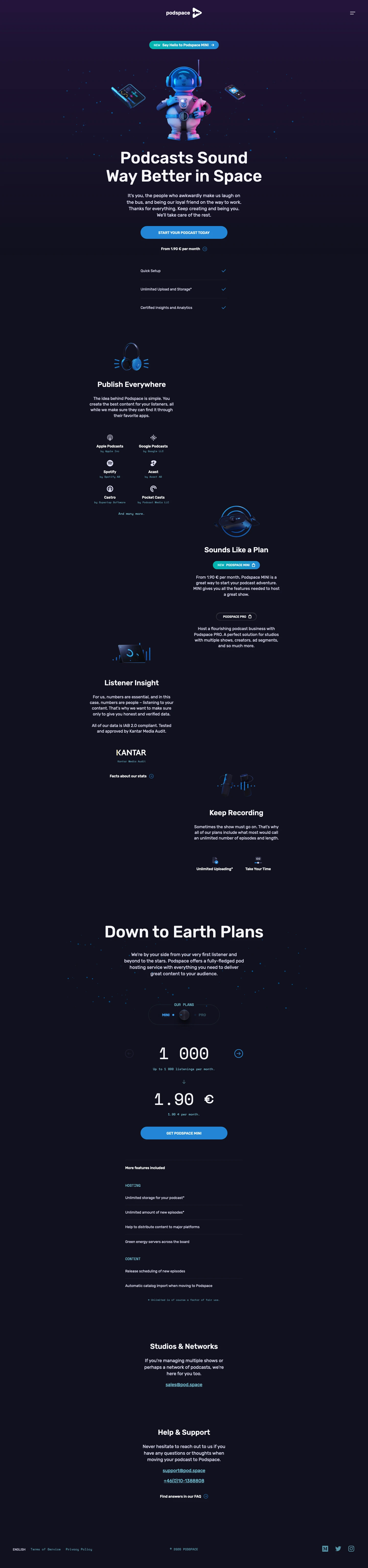 Podspace Landing Page Example: Creator friendly pod hosting and distribution, for everyone.