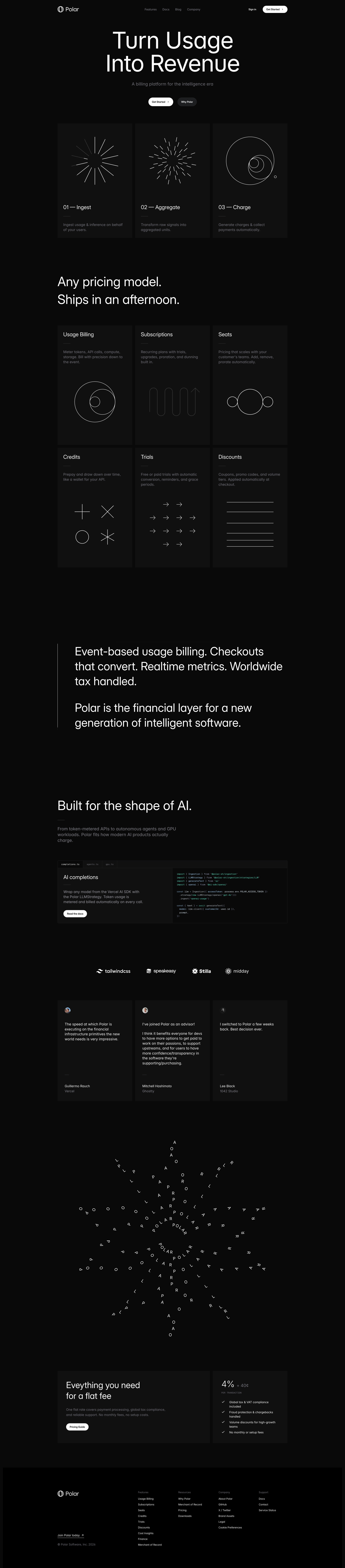 Polar Landing Page Example: A billing platform for the intelligence era. Polar is the financial layer for a new generation of intelligent software.