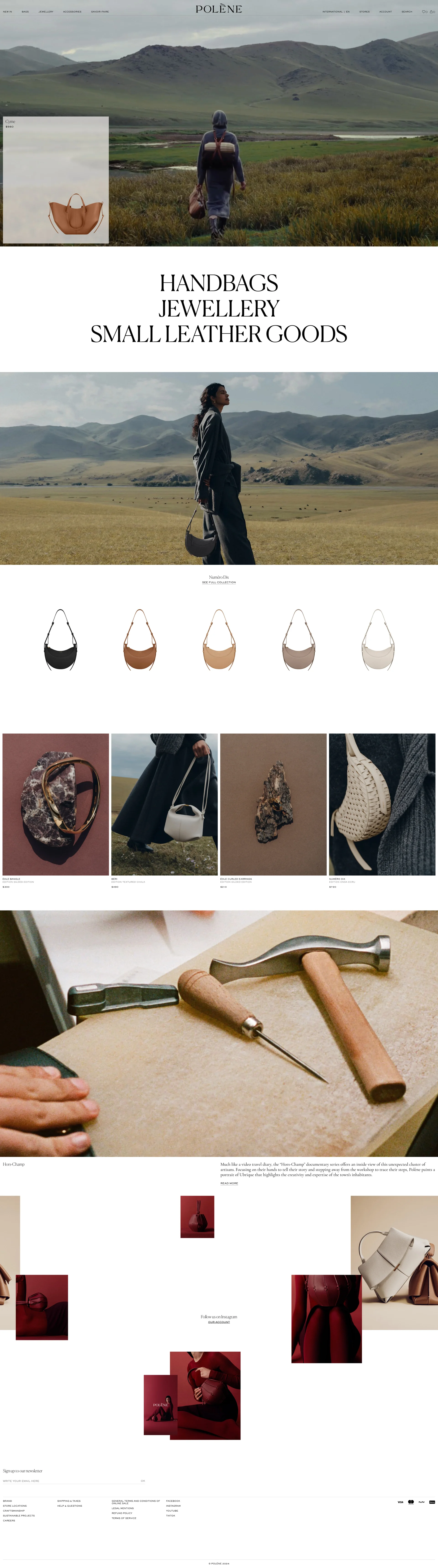 Polène Landing Page Example: Dive into the heart of Polène Paris and discover the subtle forms and exquisite craftsmanship of our latest handbag designs.